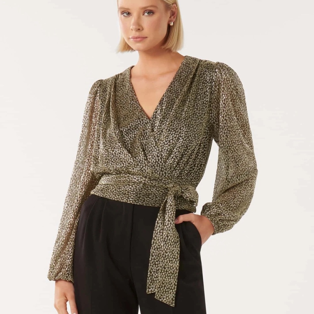 Ever New Tie Wrap Blouse Gold Metallic Floral